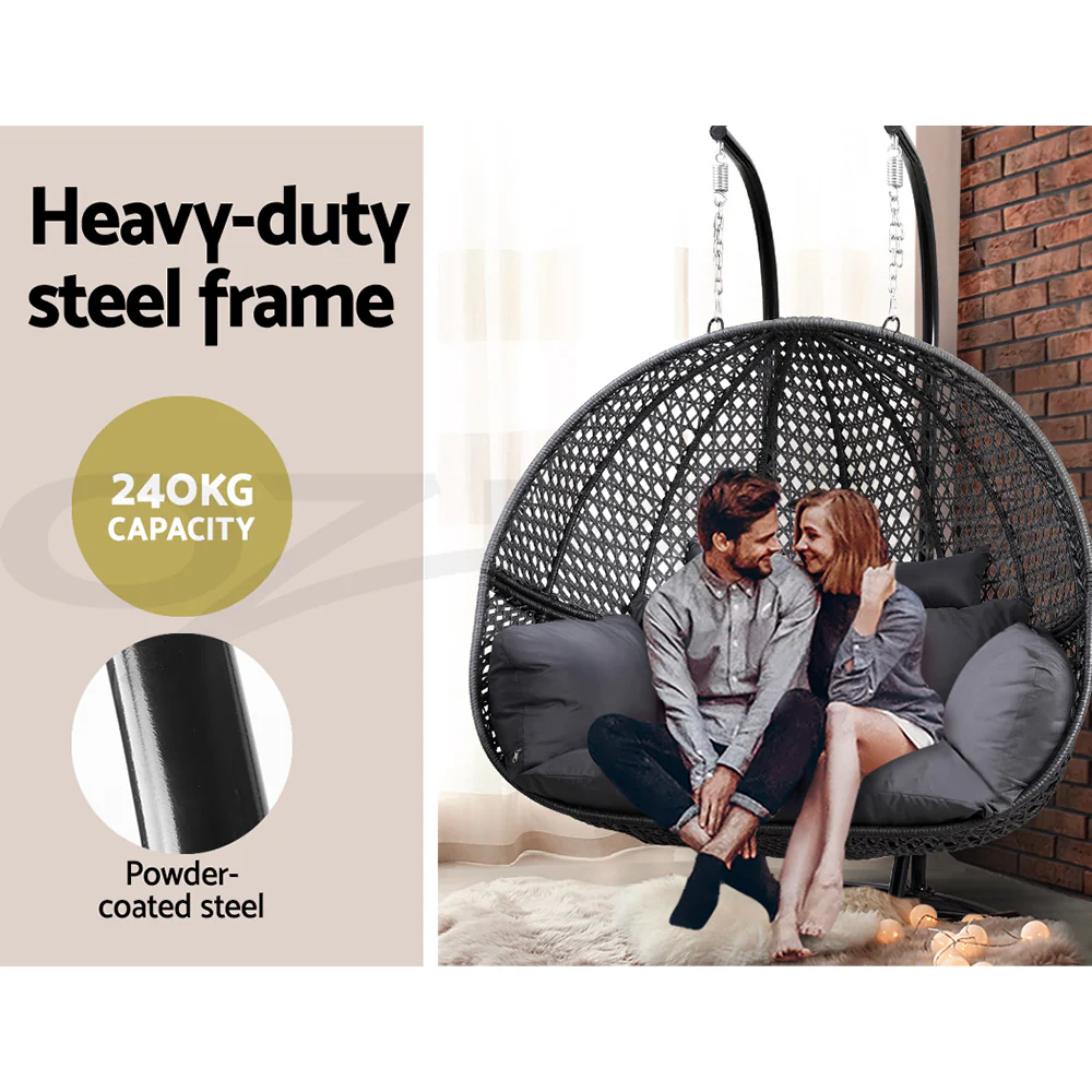 Hanging Egg Chair Double Seat -  Grey Basket & Black Cushion - Image 3